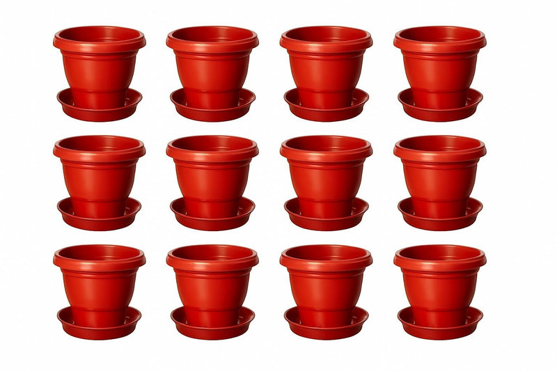 GoHooked 12-piece set of terracotta brown plastic planters with matching bottom plates, 8-inch size, ideal for indoor/outdoor use.
