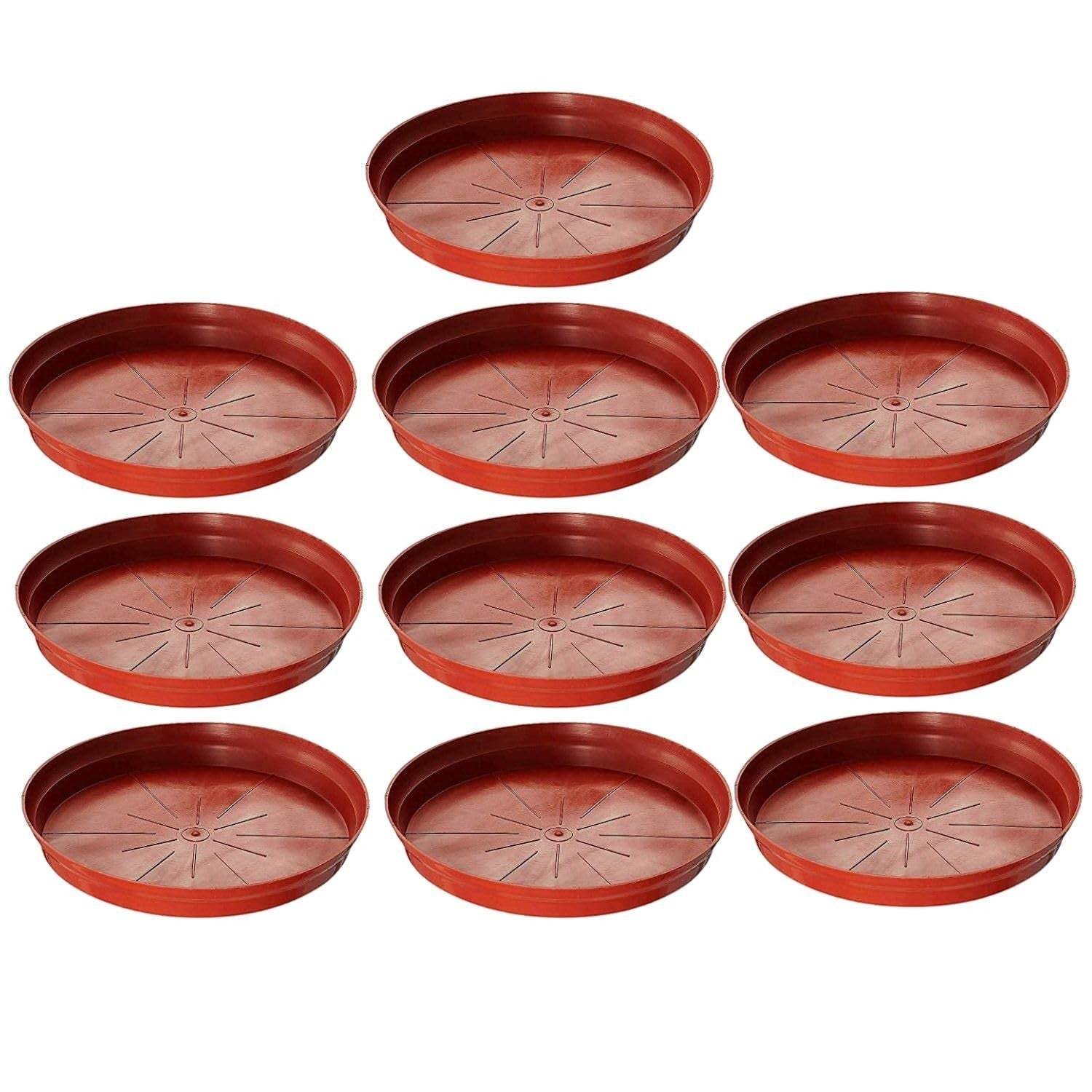 GoHooked 10-inch terracotta round planter drip trays, pack of 15. Durable, UV resistant, modern style.