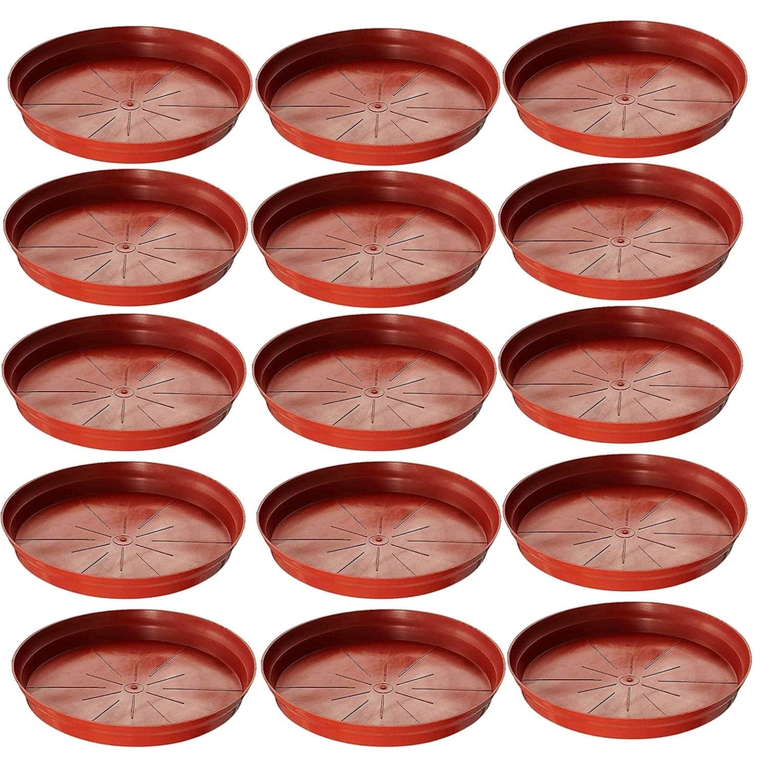 GoHooked 10-inch round terracotta planter drip trays, pack of 10. Modern style, durable, UV resistant, lightweight.