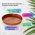 GoHooked 10-inch terracotta round planter drip tray made of heavy-duty, UV-resistant, non-fadeable polypropylene.