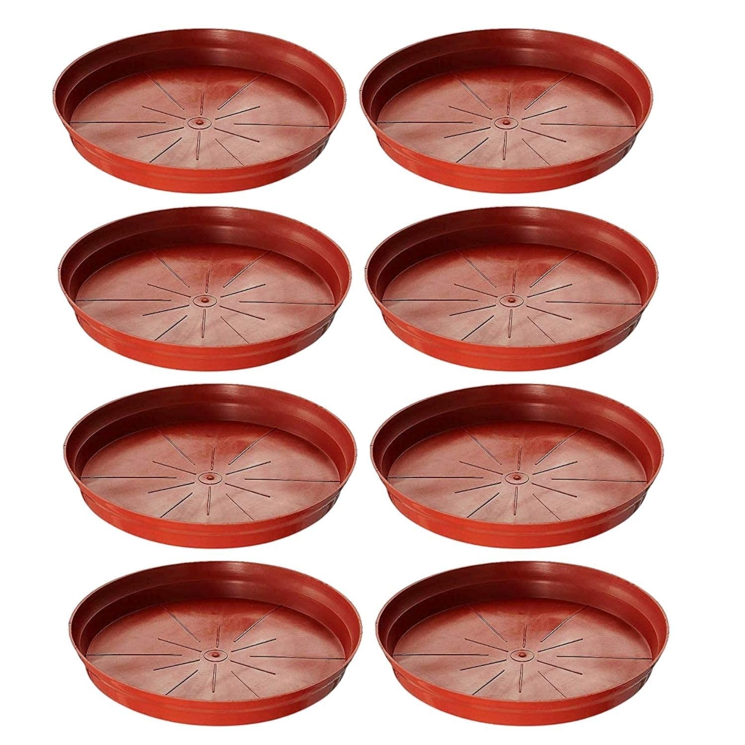 GoHooked terracotta planter drip trays, 12 inch, set of 8. Round, modern style, UV and fade resistant plastic.