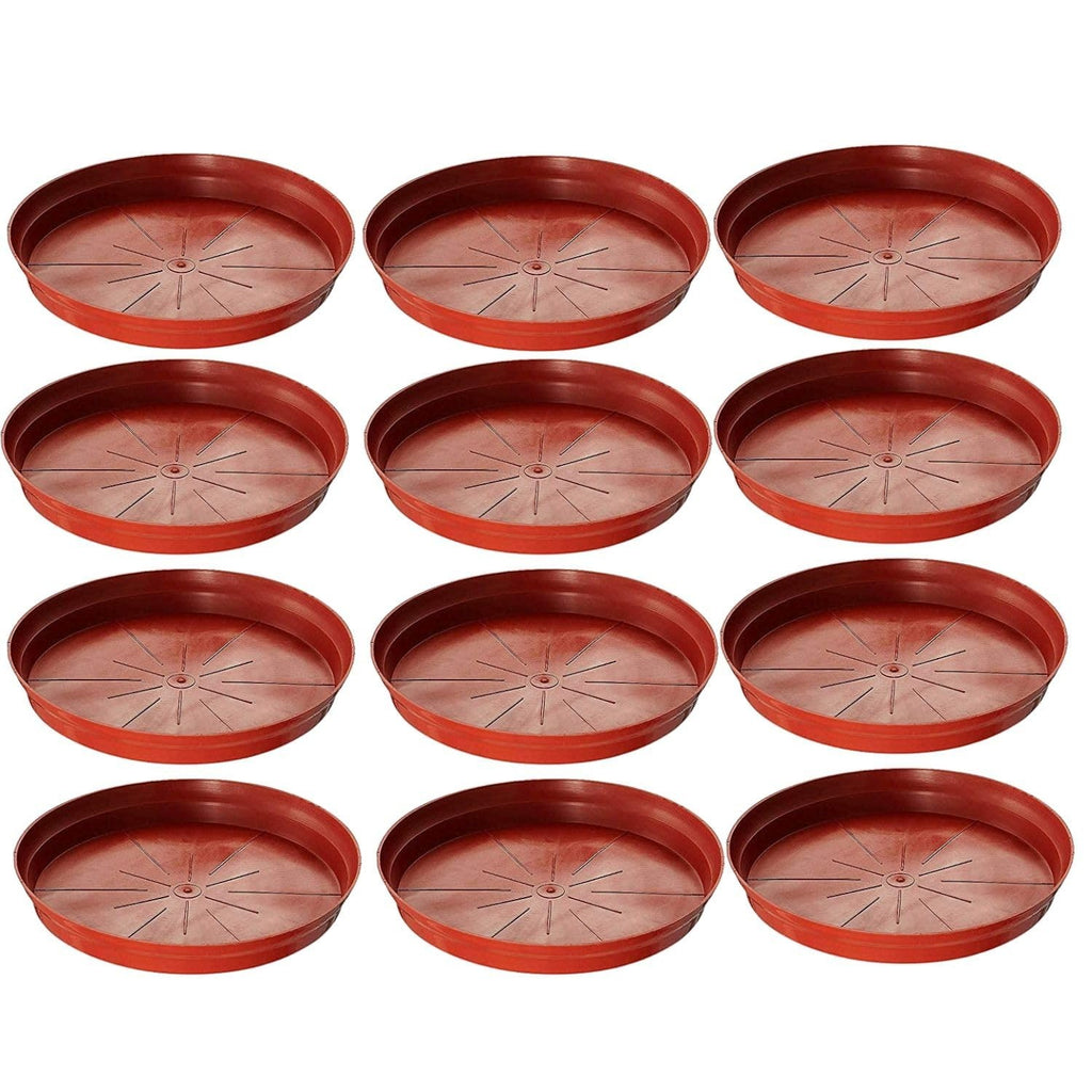 GoHooked 8 inch terracotta planter drip trays, pack of 12. Round, modern style, UV and fade resistant plastic for indoor/outdoor use.