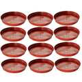 GoHooked 8-inch terracotta planter drip trays, pack of 12. Round, modern style, UV and fade resistant plastic for indoor/outdoor use.