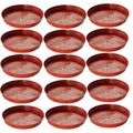 GoHooked 12-inch terracotta planter drip trays, pack of 15. Round, solid, modern style, UV and fade resistant plastic for indoor/outdoor use.