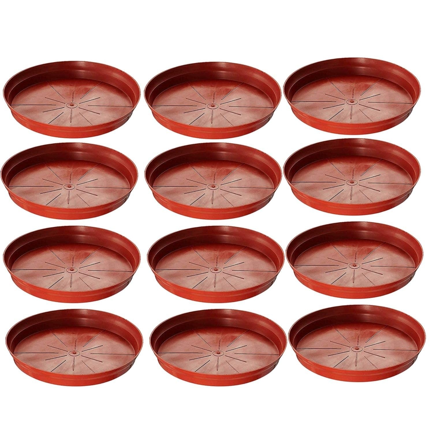 GoHooked 10-inch terracotta planter drip trays, pack of 15. Round, modern style, durable plastic for indoor/outdoor use.