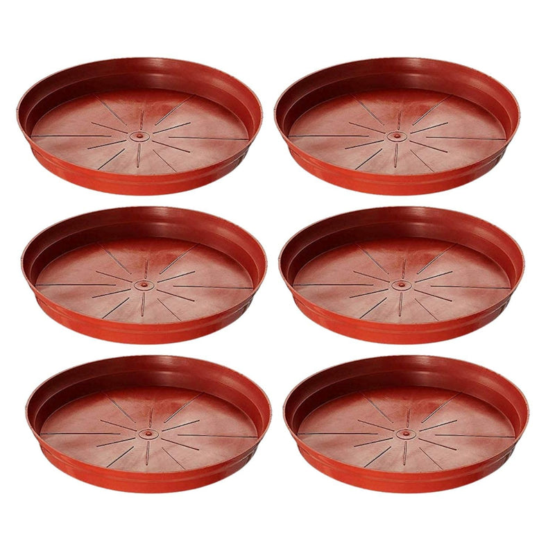 GoHooked 8-inch terracotta round planter drip trays, pack of 6. Durable, UV resistant plastic for indoor/outdoor use.