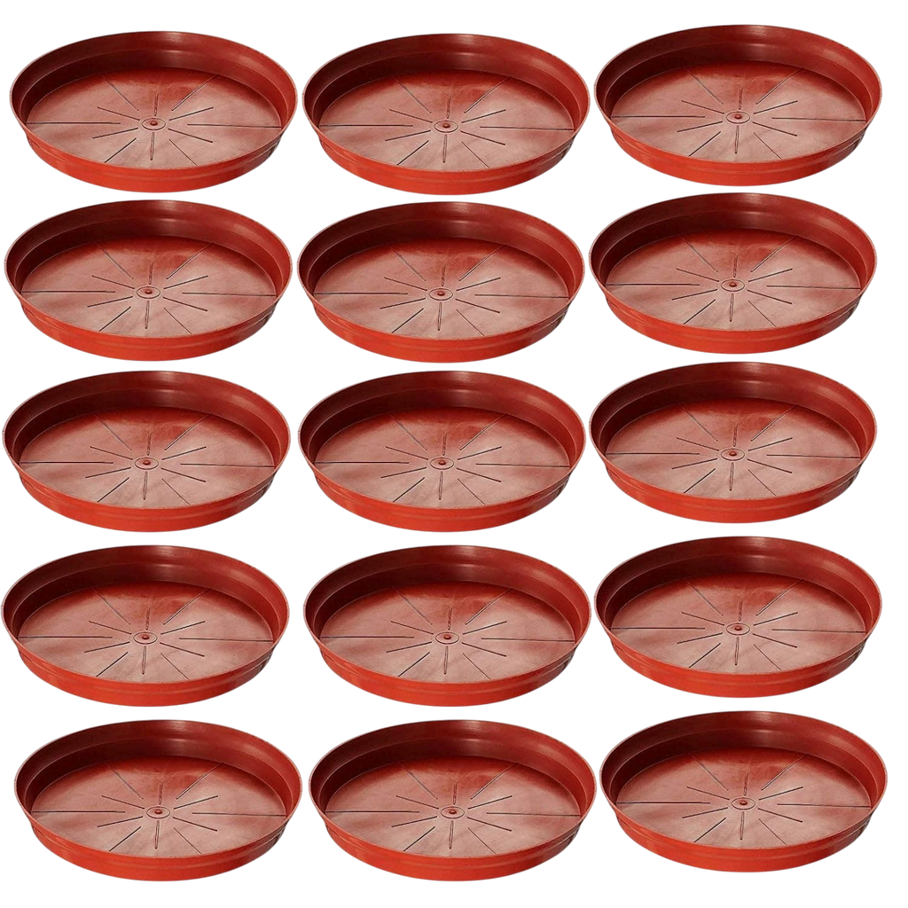 GoHooked terracotta planter drip trays, 6 inch, pack of 6. Modern style, durable plastic, UV and fade resistant.