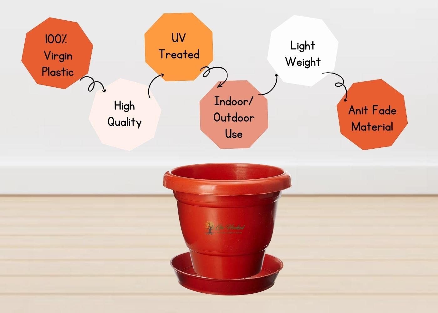 GoHooked terracotta brown 8-inch plastic planter pot with bottom tray, UV treated, anti-fade, lightweight, indoor/outdoor use.