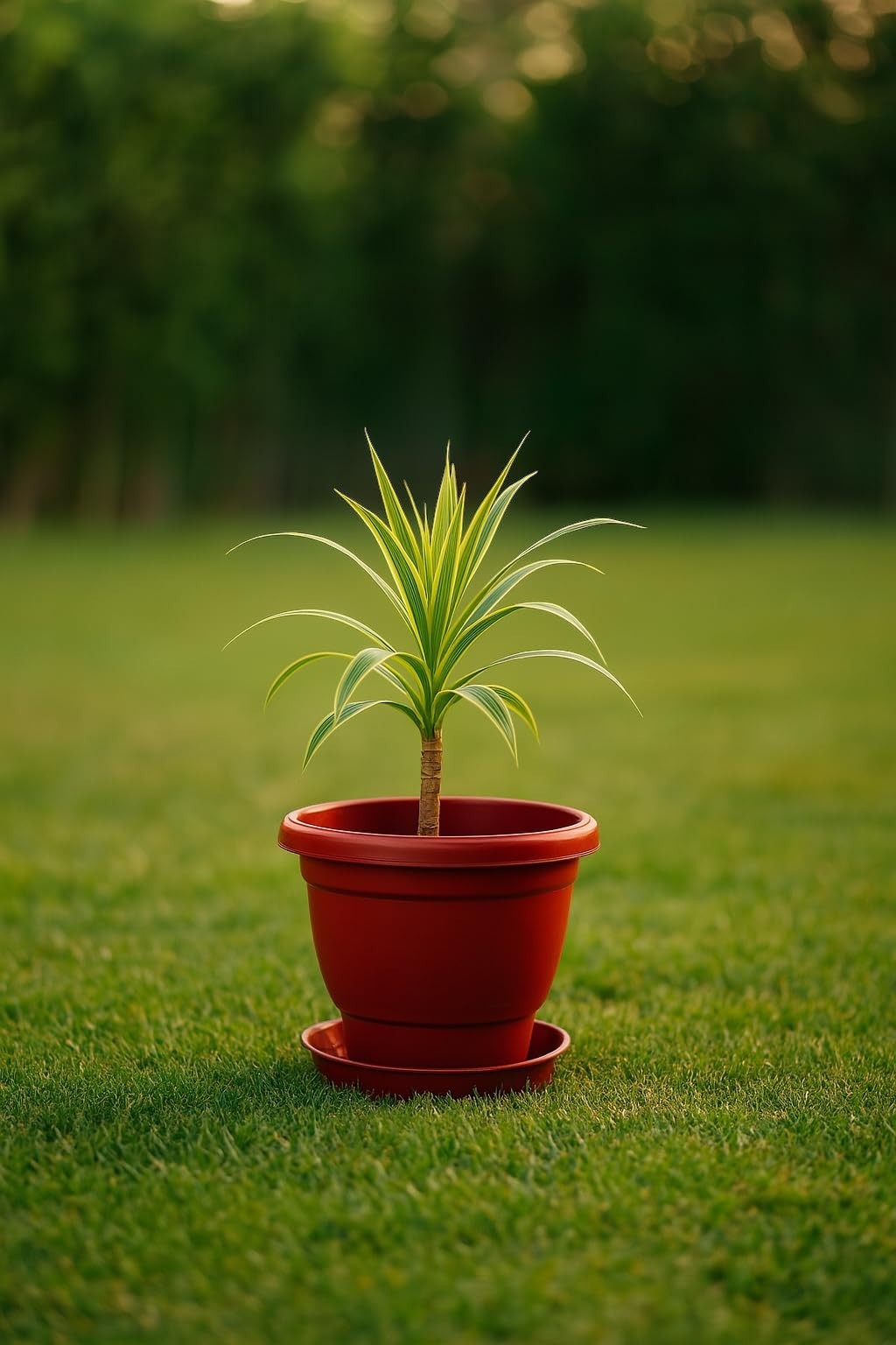 GoHooked terracotta brown plastic planter pot with bottom tray, 8 inch, for indoor/outdoor use.