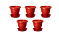 GoHooked 5-pack terracotta brown plastic planters with matching bottom saucers. 8-inch pots with drainage holes.