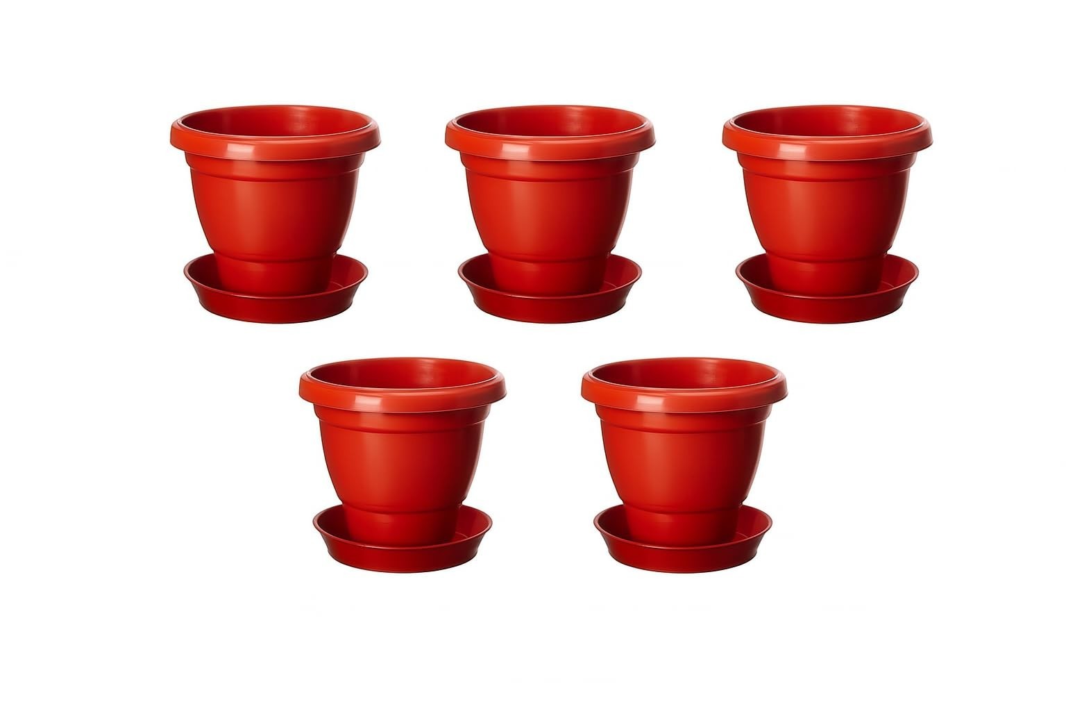 GoHooked 5-pack terracotta brown plastic planters with matching bottom saucers. 8-inch pots with drainage holes.