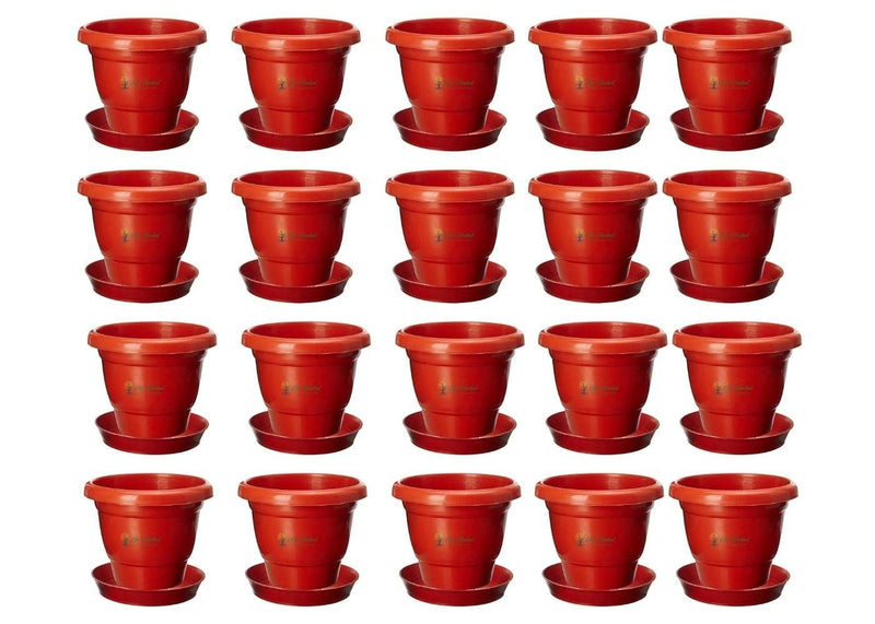 GoHooked 20-piece set of 8-inch terracotta brown plastic planters with matching drip trays. Lightweight and durable for indoor/outdoor use.