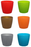 GoHooked decorative textured plastic planter pots in red, lime green, gold, orange, grey, and blue. Ideal for indoor/outdoor use.