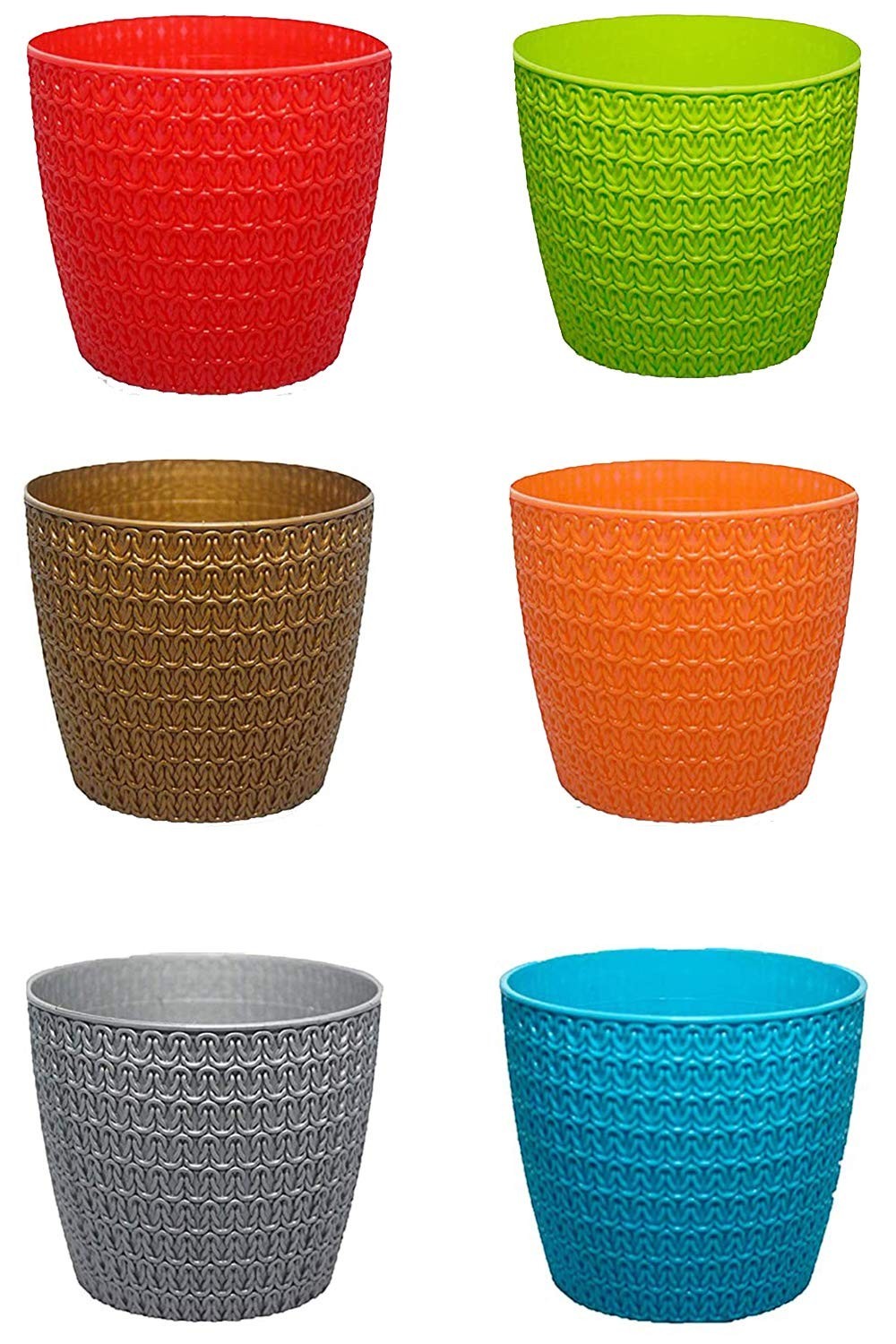 GoHooked decorative textured plastic planter pots in red, lime green, gold, orange, grey, and blue. Ideal for indoor/outdoor use.