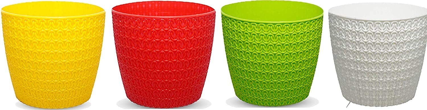 GoHooked decorative textured plastic planter pot in yellow, red, lime green, and white. Ideal for indoor/outdoor use.