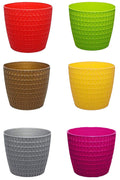 GoHooked decorative textured plastic planter pots in red, lime green, gold, yellow, grey, and magenta. Ideal for indoor/outdoor use.