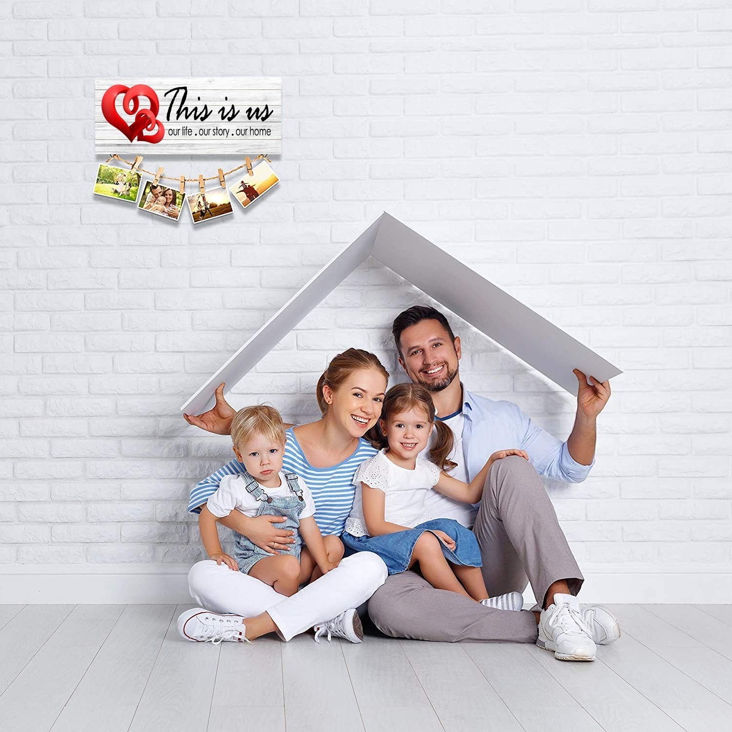 GoHooked This Is Us rustic white MDF wood wall sign with clips and twine for photo hanging, 35 x 15 cm