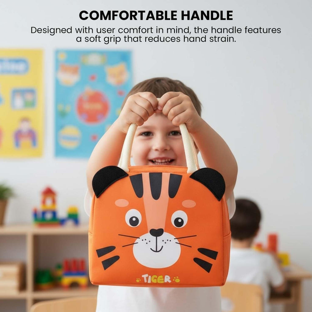 Go Hooked orange tiger lunch bag with black ears and white handles, designed for kids. Insulated Oxford cloth.