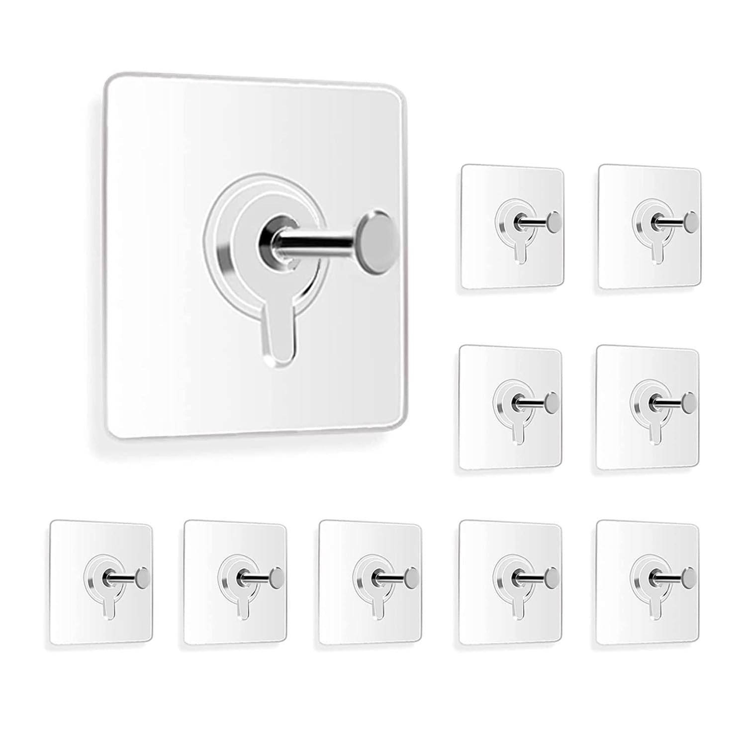 GoHooked 10pcs transparent adhesive wall hooks, heavy-duty, screw-free, waterproof, for keys, bathroom, shower, home