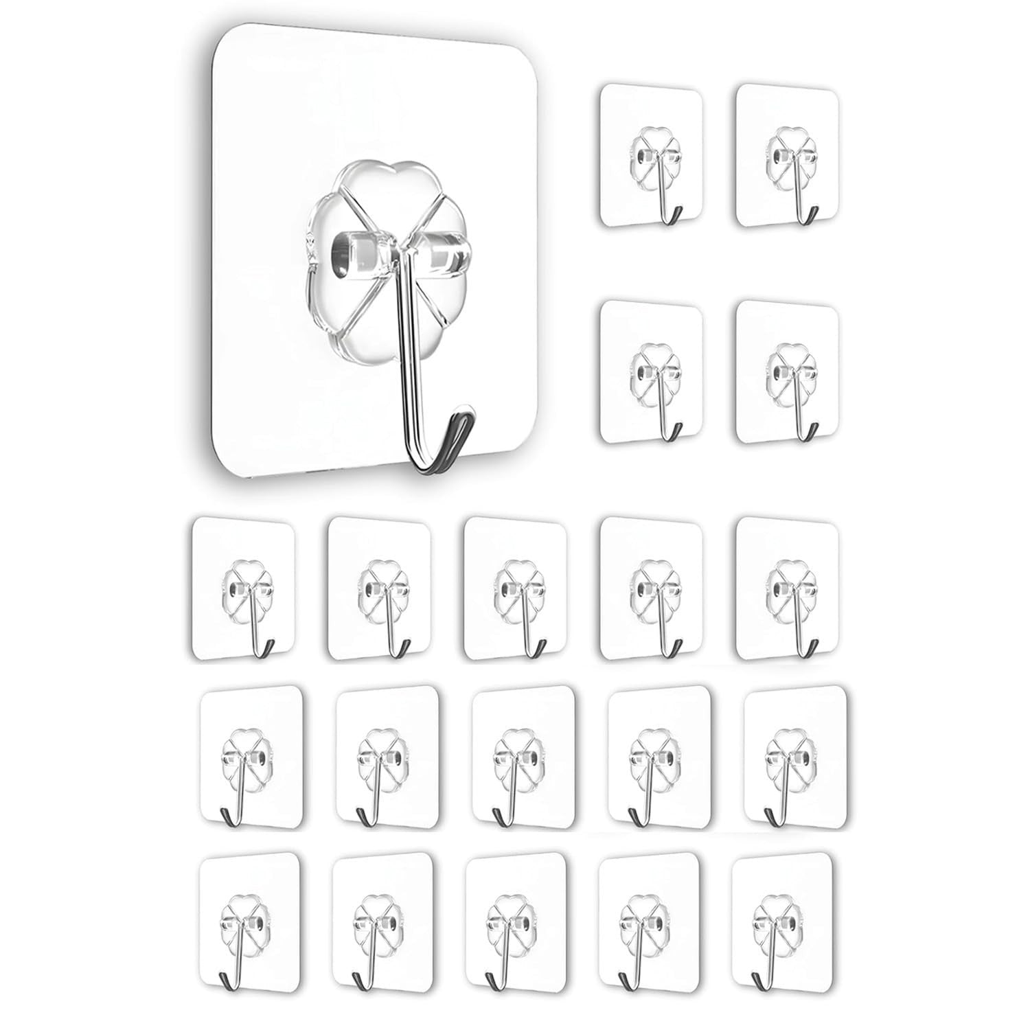 GoHooked 20pcs transparent flower-shaped adhesive hooks with stainless steel, no-drilling waterproof wall mounts.