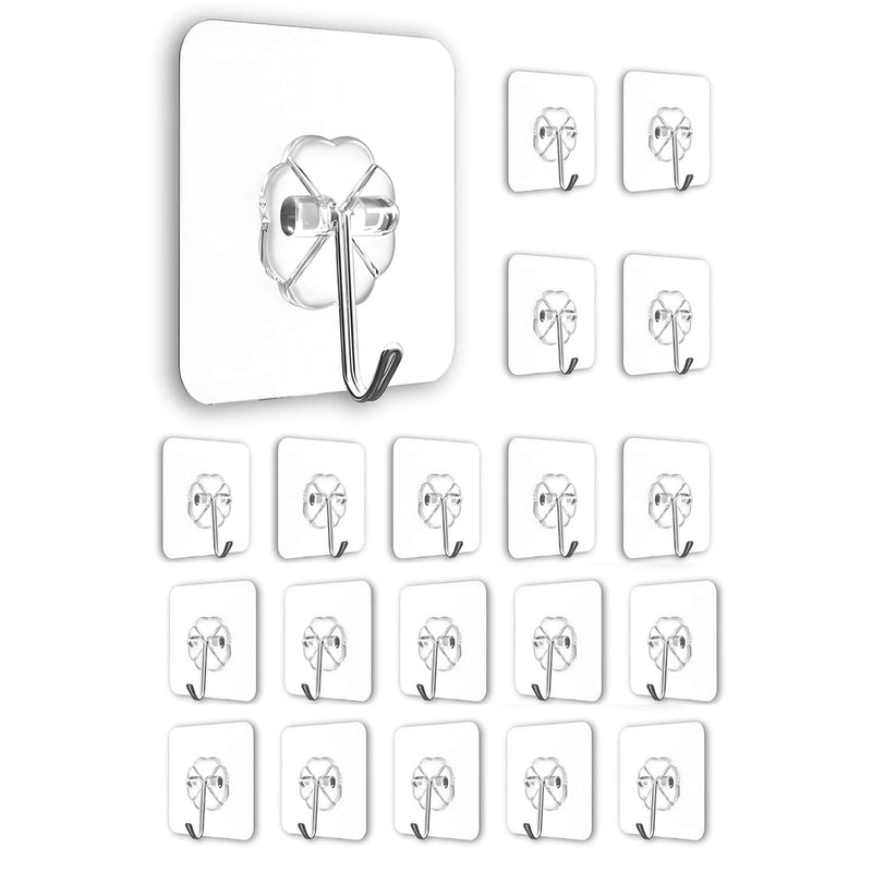 GoHooked 20pcs transparent flower-shaped adhesive hooks with stainless steel, no-drilling waterproof wall mounts.