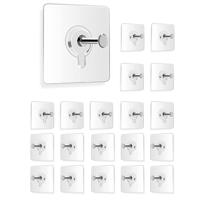 GoHooked 20pcs transparent adhesive wall hooks, heavy-duty, no-drilling, waterproof screw-free stickers for keys, bathroom, shower, home.