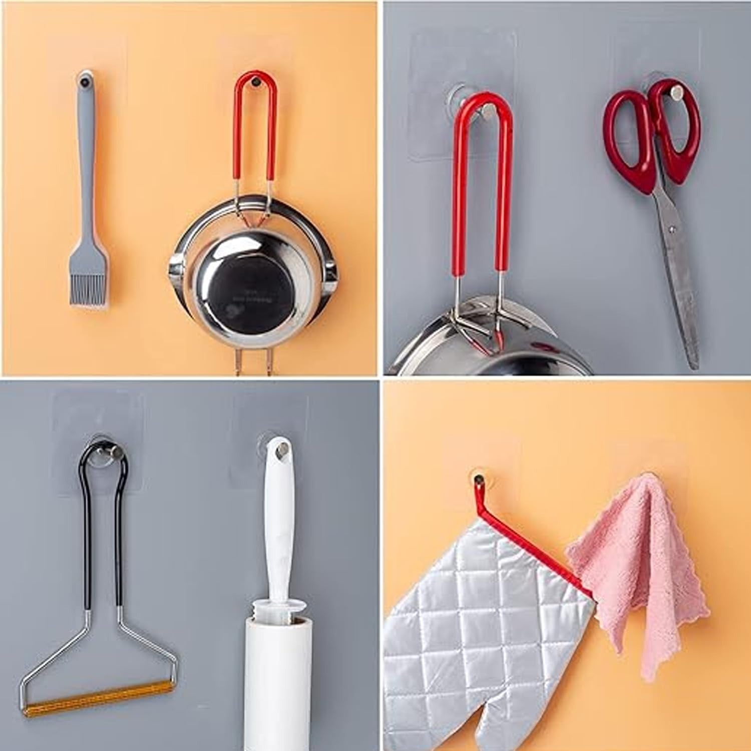 GoHooked transparent adhesive hooks holding kitchen utensils, scissors, lint roller, and oven mitt. Stainless steel.
