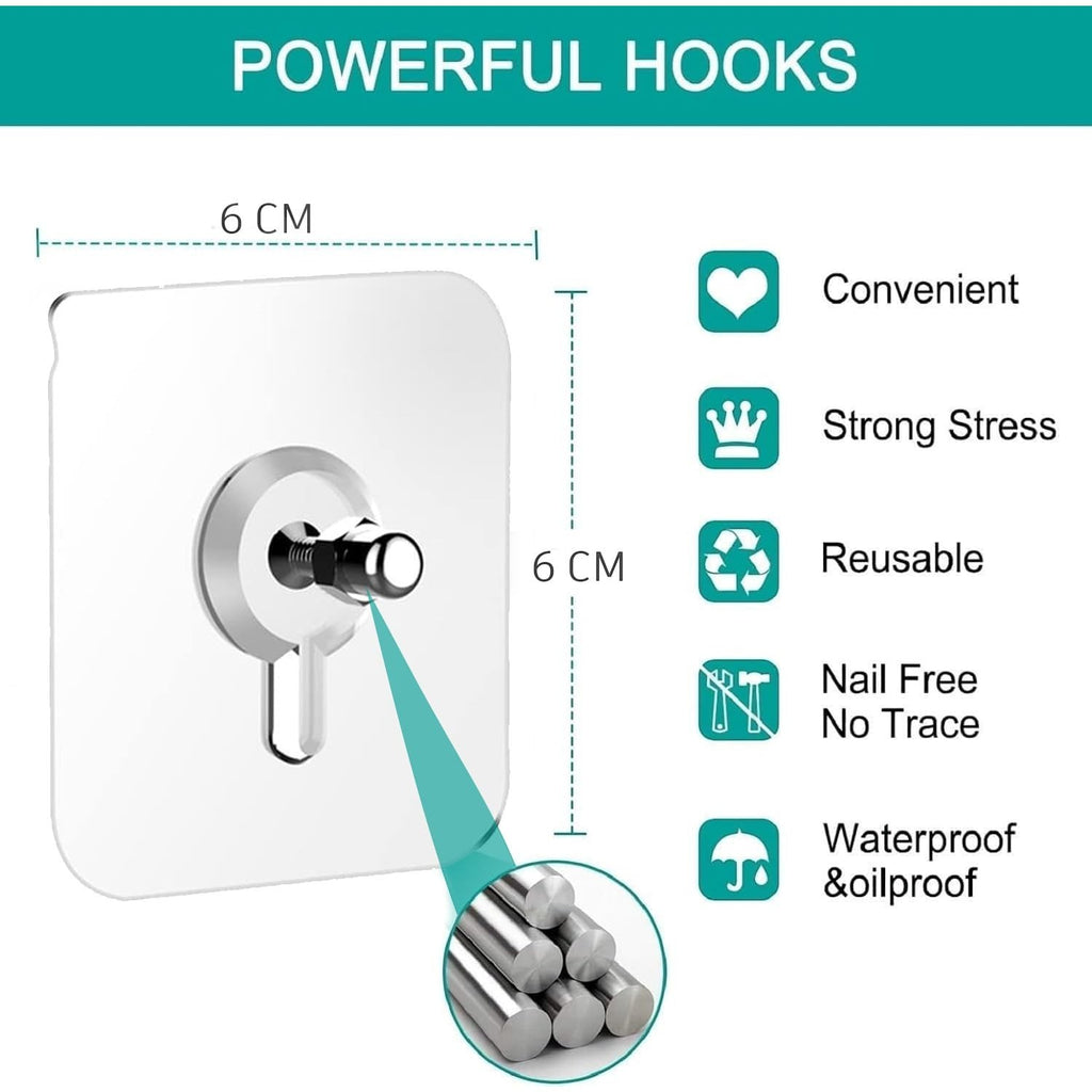 GoHooked transparent adhesive wall hooks, 6x6cm, heavy-duty, waterproof, nail-free, reusable, strong stress.