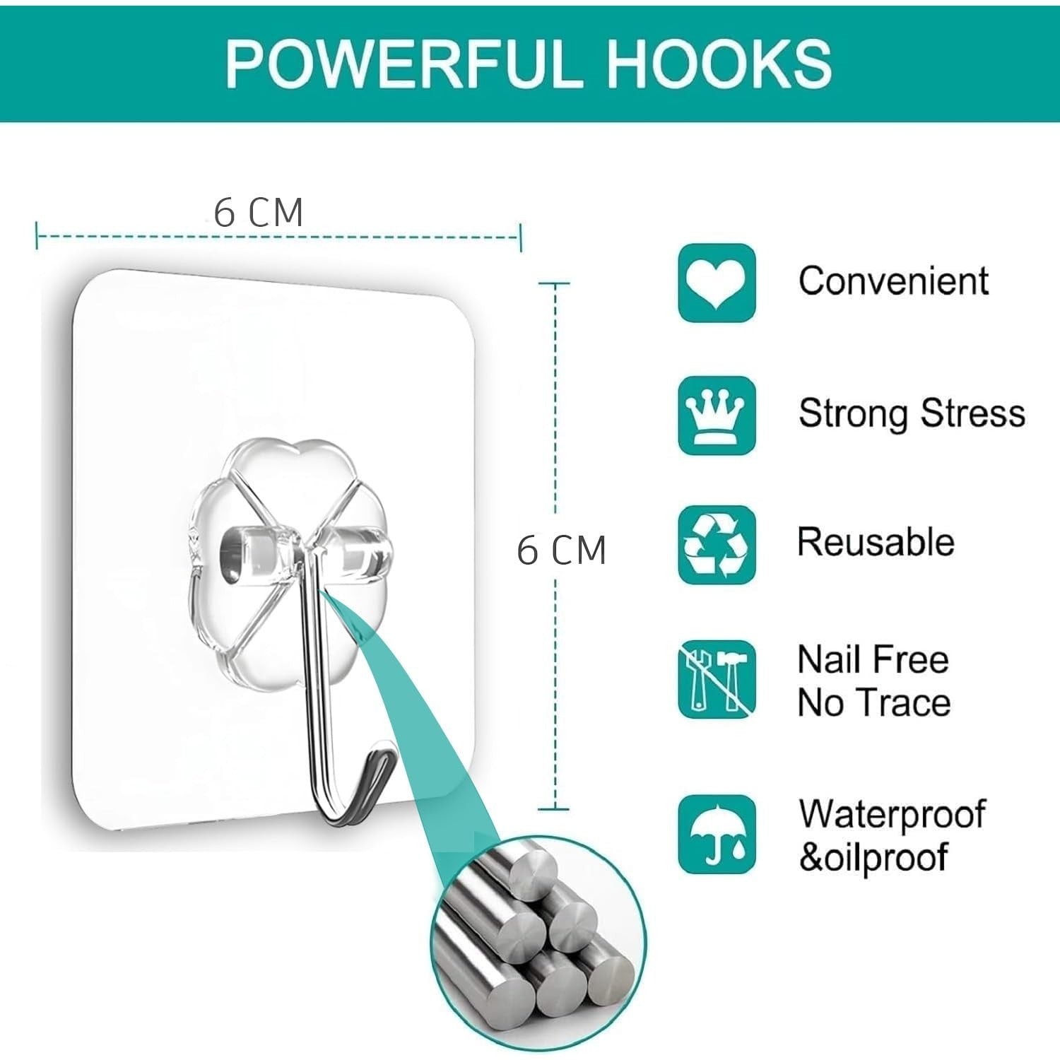 GoHooked transparent flower-shaped adhesive hook, 6cm x 6cm, made of stainless steel, waterproof and nail-free.