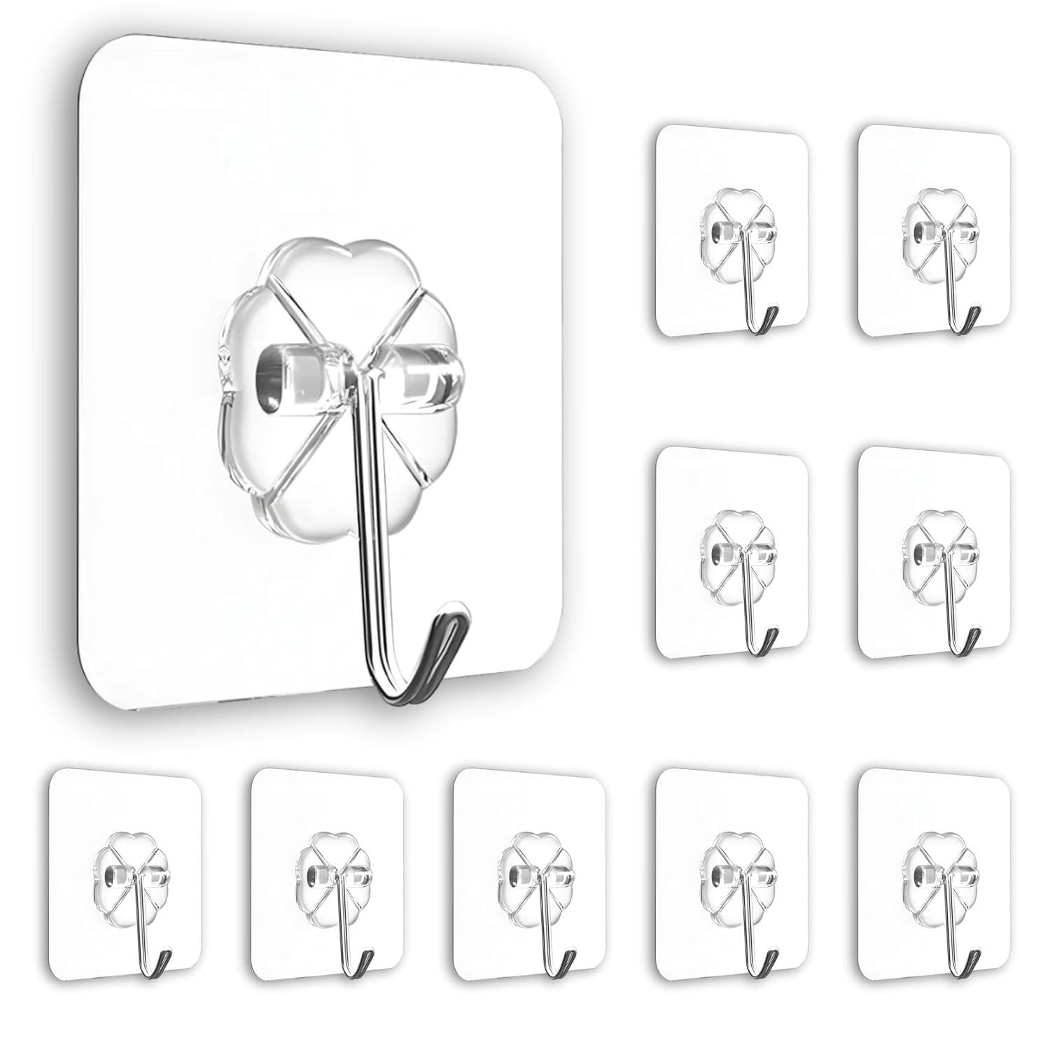 GoHooked 10pcs transparent flower-shaped adhesive hooks, heavy-duty, waterproof, no-drilling wall mount hooks.