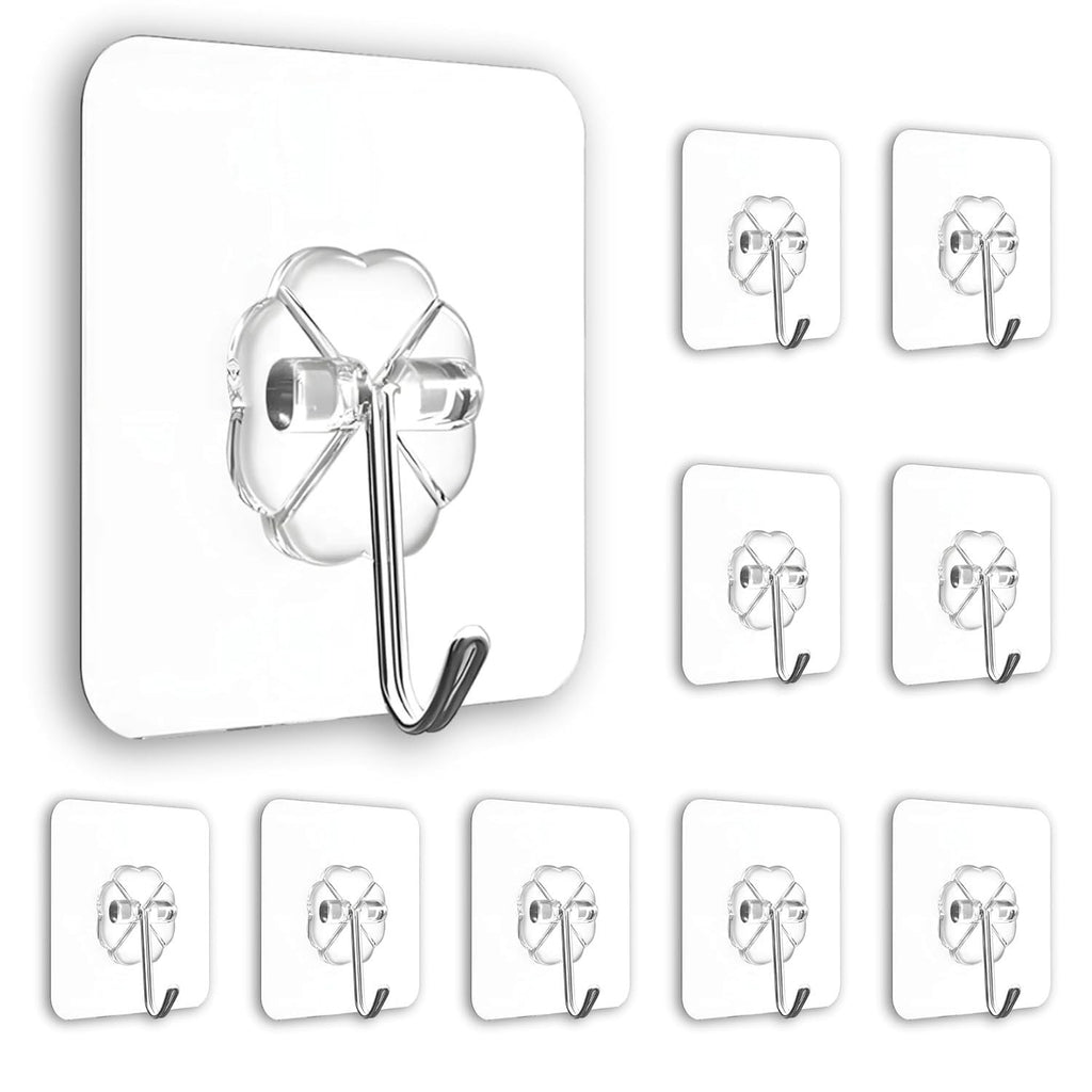 GoHooked transparent flower-shaped adhesive hooks, 10-pack, heavy-duty, waterproof, no-drilling wall mount hooks.