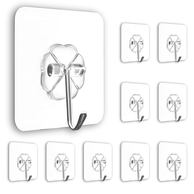 GoHooked transparent flower-shaped adhesive hooks, 10-pack, heavy-duty, waterproof, no-drilling wall mount hooks.