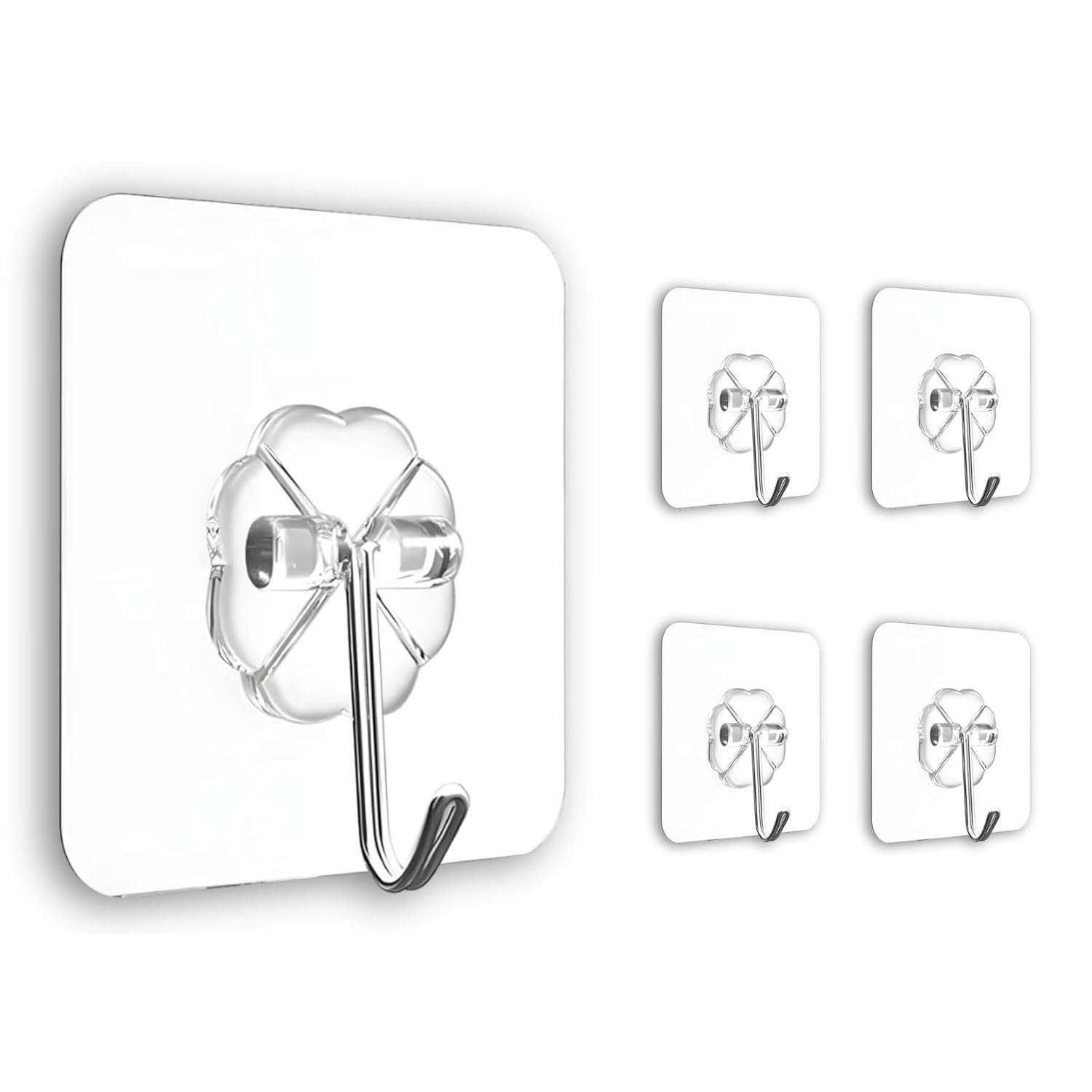 GoHooked transparent flower-shaped adhesive hooks, set of 5, heavy-duty, waterproof, no-drilling wall mount for keys, bathroom, home.