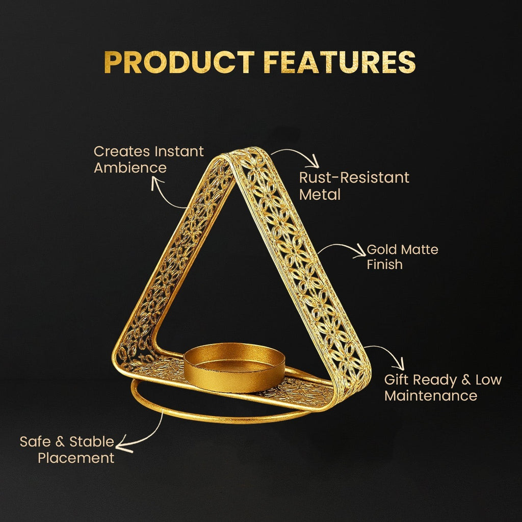 GoHooked triangular metal tealight holder with floral cut design in matte gold finish. Safe and stable placement.