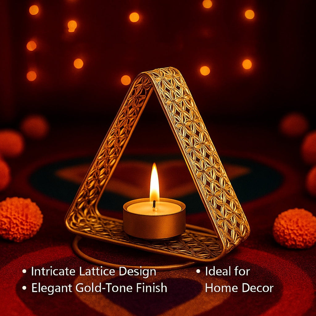 GoHooked triangular metal tealight holder with floral cutwork in matte gold finish, holding a lit tealight.