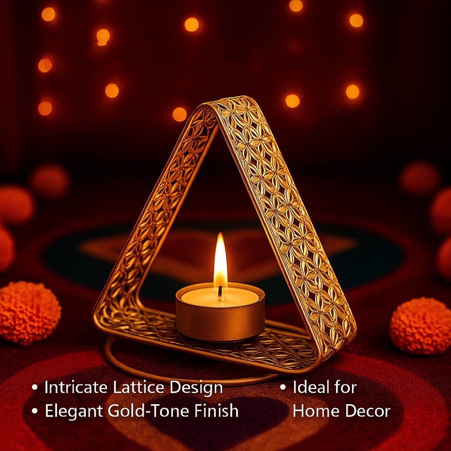GoHooked triangular metal tealight holder with floral cutwork in matte gold finish, holding a lit tealight.