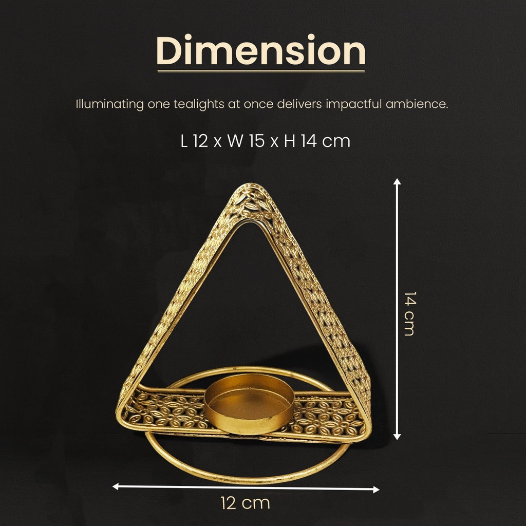 GoHooked triangular metal tealight holder with floral cutwork in matte gold finish. Holds standard tealights.