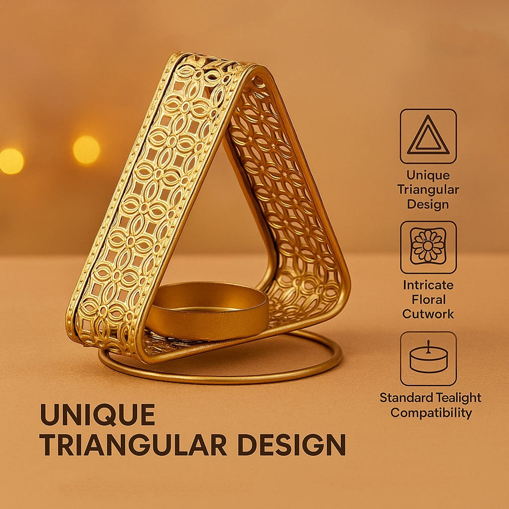 GoHooked matte gold triangular metal tealight holder with floral cutwork design. Holds standard tealights.
