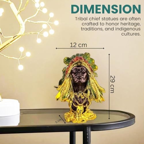 GoHooked Tribal Chief polyresin figurine with gold accents, featuring intricate headdress and garments. Cultural art collectible.