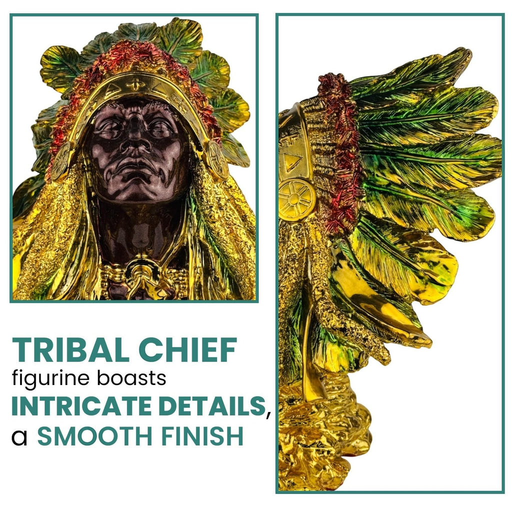 GoHooked Tribal Chief polyresin figurine with gold accents and green/red headdress. Cultural art collectible.
