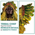 GoHooked Tribal Chief polyresin figurine with gold accents and green/red headdress. Cultural art collectible.