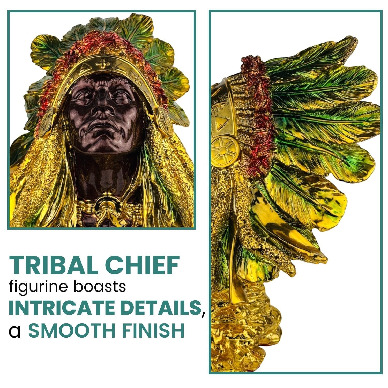 GoHooked Tribal Chief polyresin figurine with gold accents and green/red headdress. Cultural art collectible.