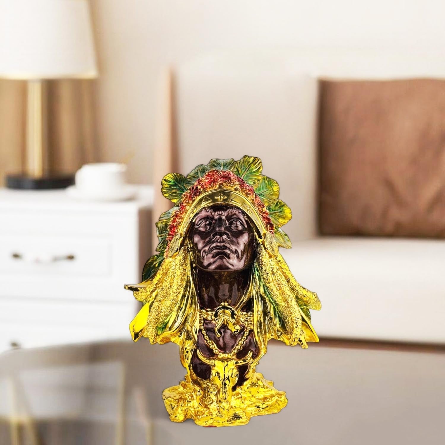 GoHooked Tribal Chief polyresin figurine with gold accents and colorful headdress. Cultural art collectible.