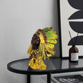 GoHooked Tribal Chief figurine in polyresin with gold accents and colorful feathers. Cultural art for home decor.