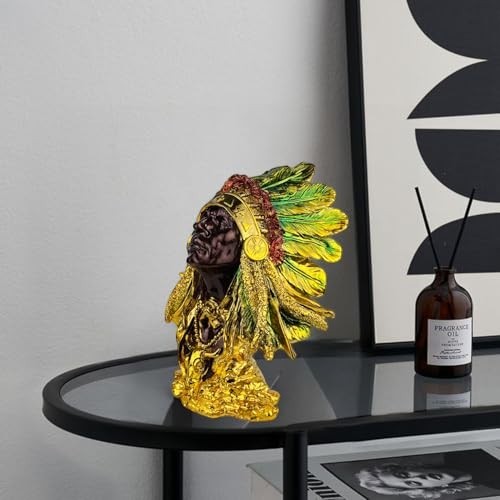 GoHooked Tribal Chief figurine in polyresin with gold accents and colorful feathers. Cultural art for home decor.