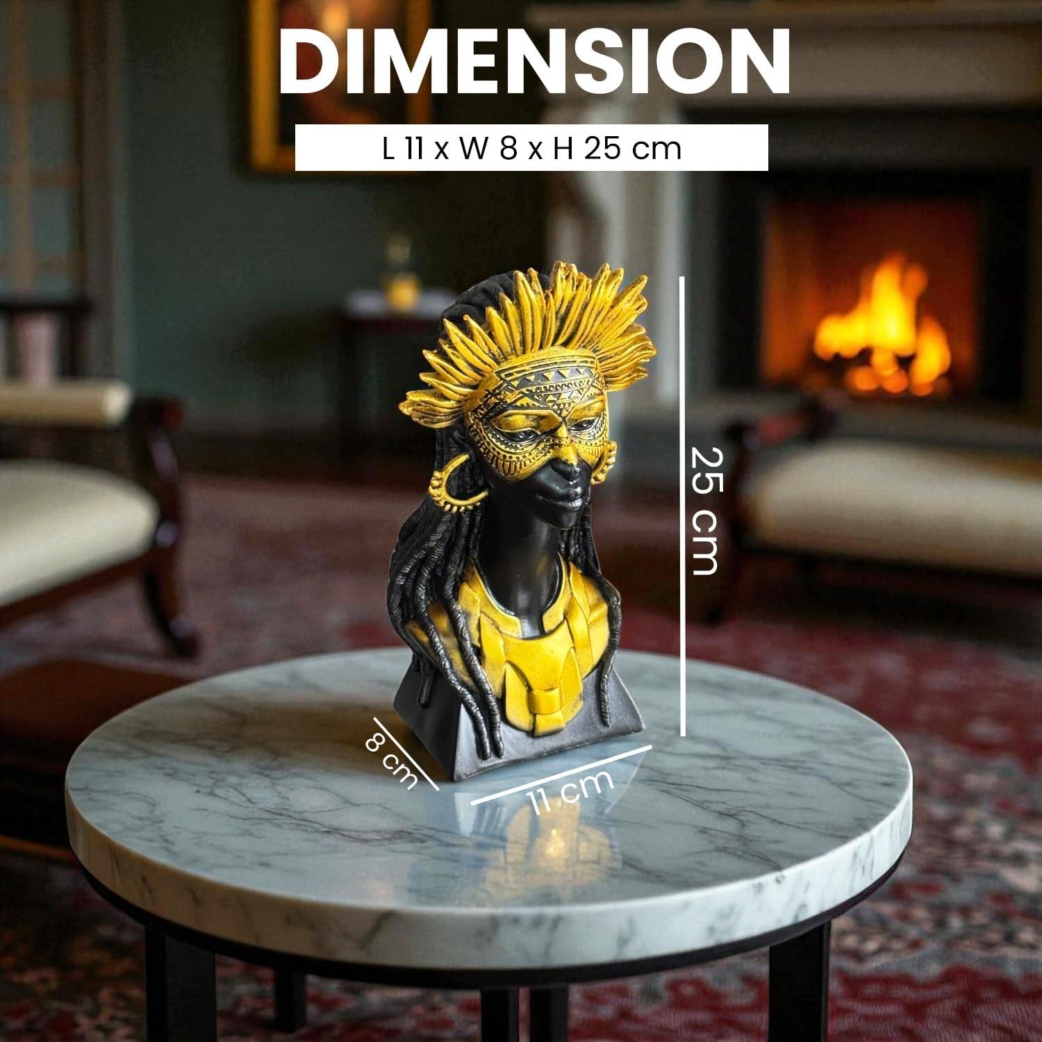 GoHooked black and gold polyresin tribal lady bust with mask and sun crown, 25cm tall decorative statue.