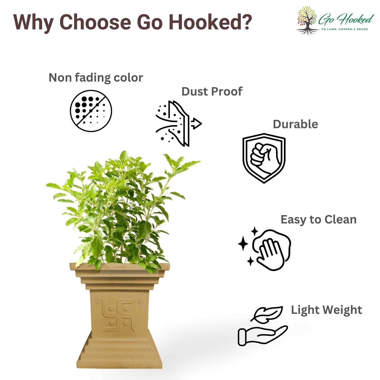 GoHooked brown traditional decorative Tulsi pot with Swastik symbol, perfect for home and garden decor.