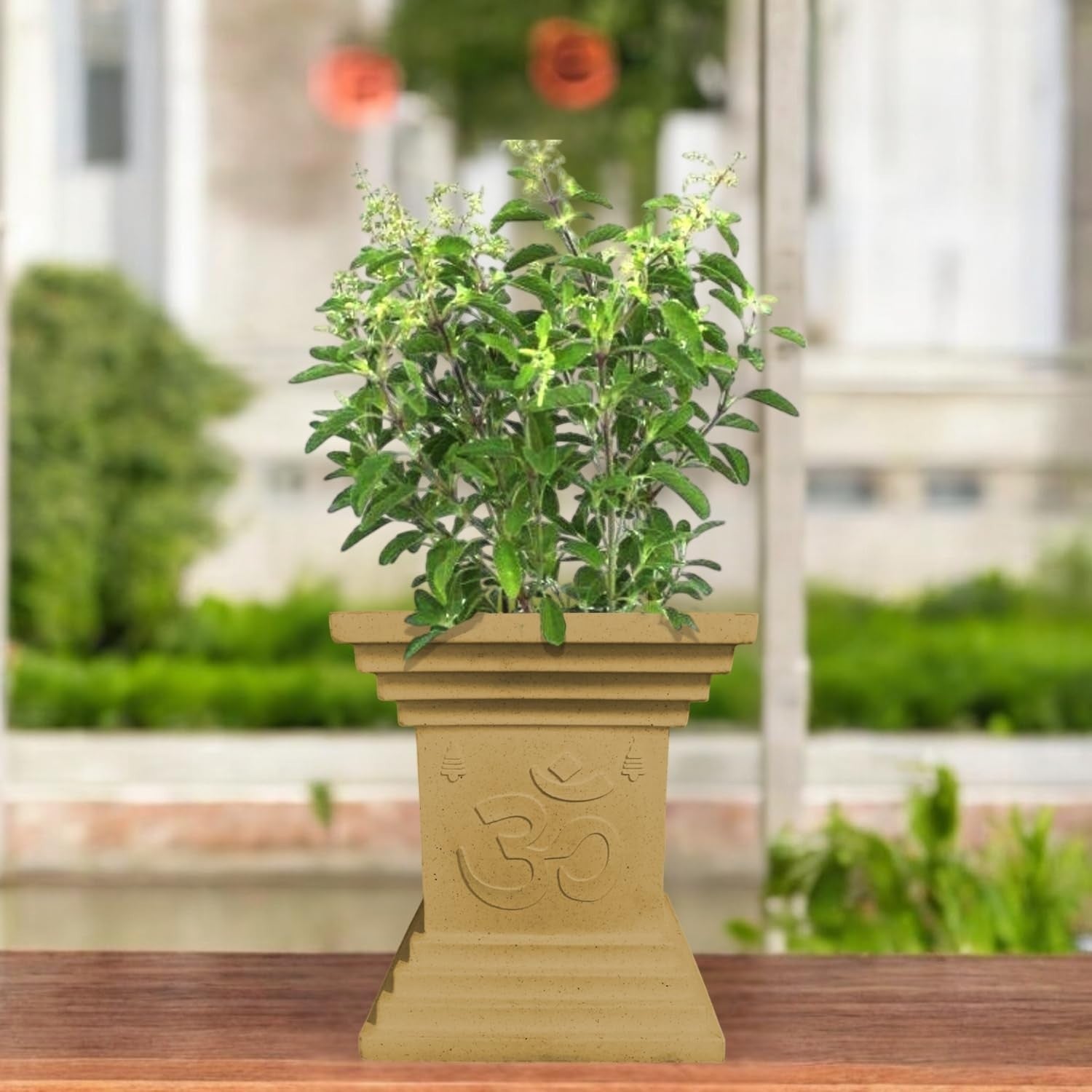 GoHooked 16 inch brown traditional decorative planter with Om symbol for home, pooja, balcony, and garden decor.