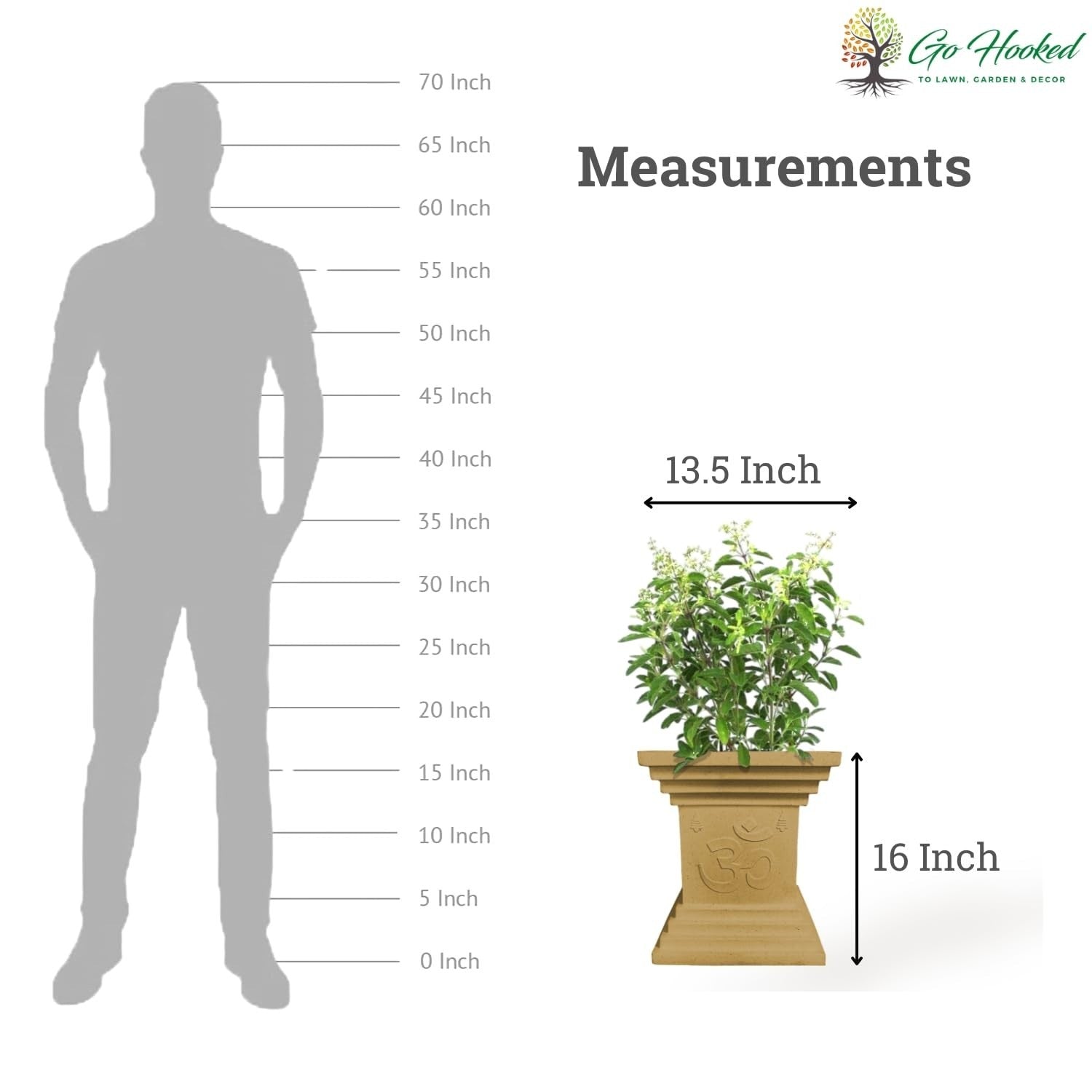 GoHooked 16 inch traditional brown Tulsi pot with Om symbol, perfect for home, pooja, balcony, and garden decor.