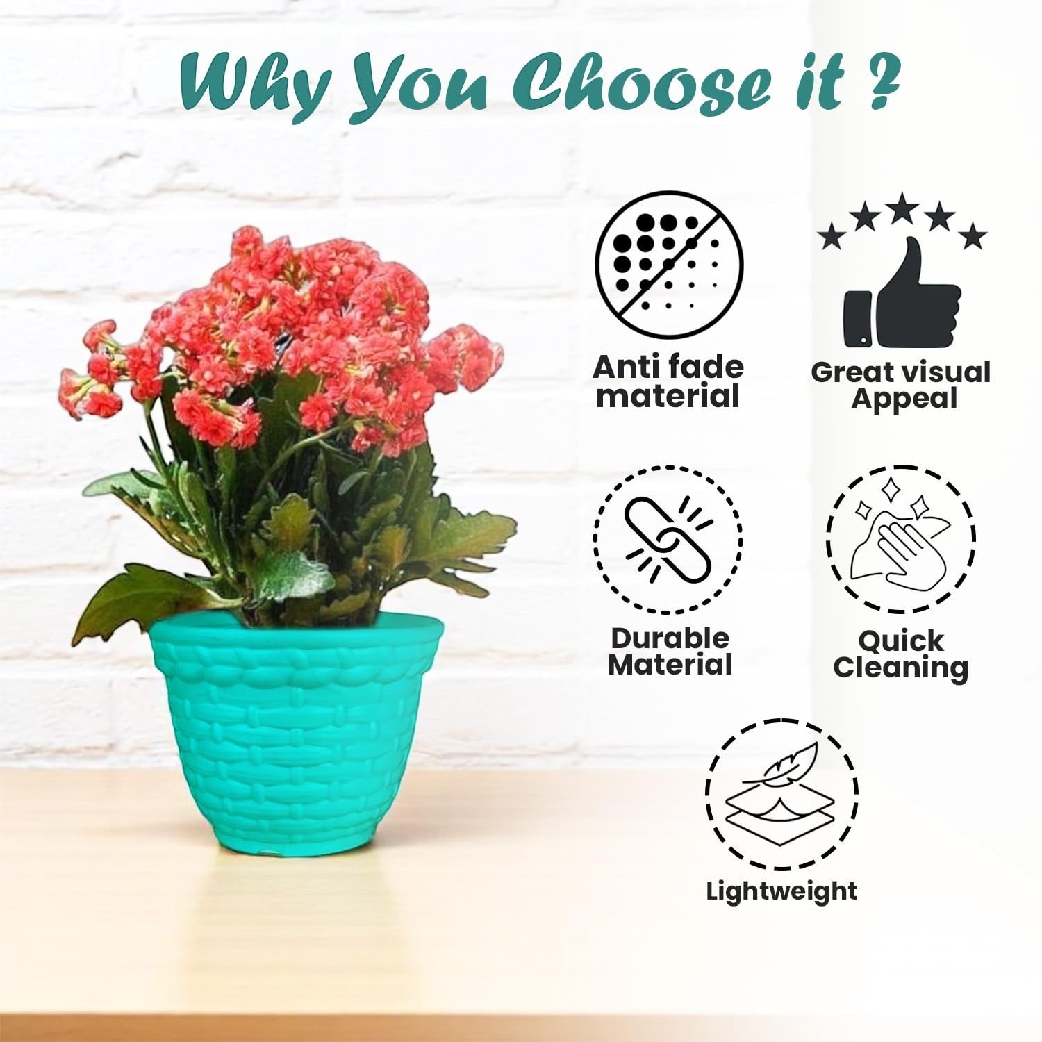 GoHooked turquoise woven plastic planter pot with red flowers. Durable, lightweight, and easy to clean.